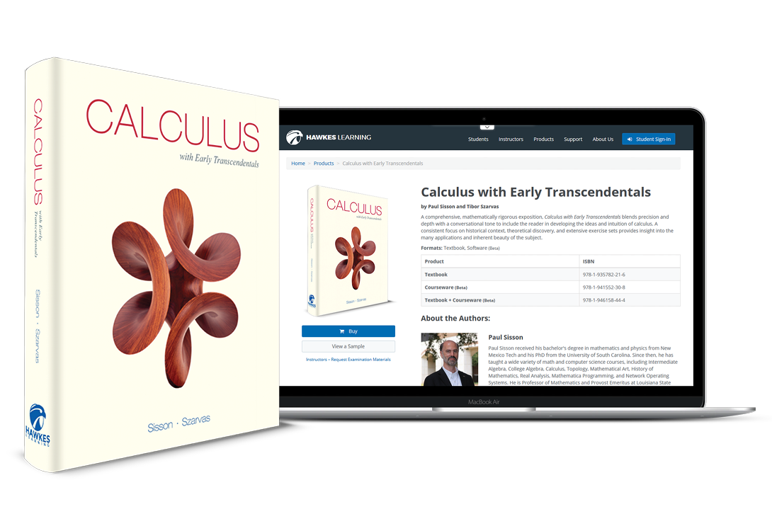 Calculus textbook and laptop showing the product page on Hawkes Learning