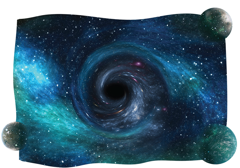 Organic graphic of a black hole in space with 3 smaller planets placed on the edges of the graphic
